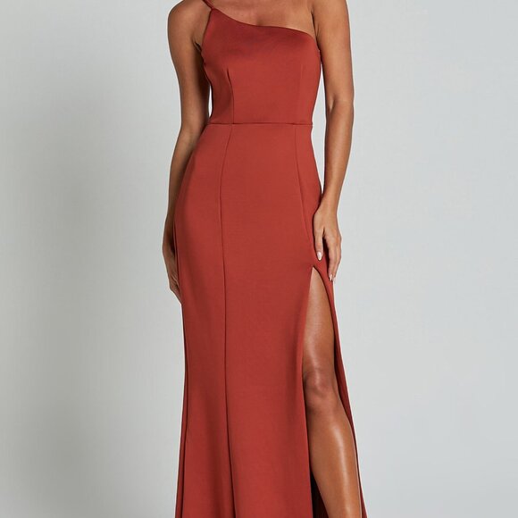 Showpo. Dresses & Skirts - Showpo. No Ones Fault Maxi Dress Size 12 Rust One Shoulder Thigh Split NWT $79